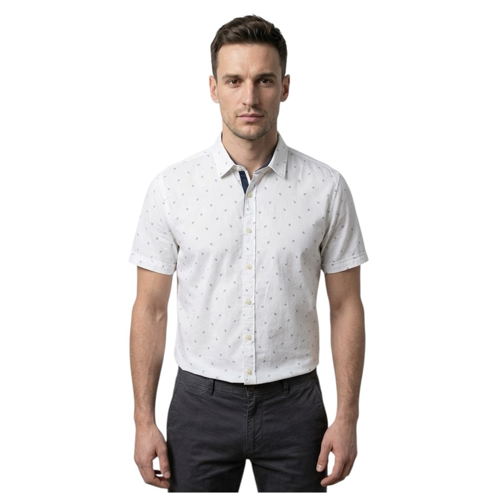 🌿 ZANEROBE Men’s Ditzi Print Button-Up Shirt | White Geometric | Size M‎